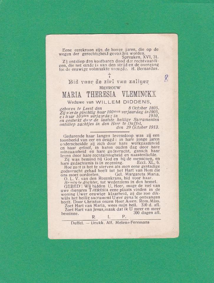 DP 108 jarige Maria Theresia Vleminckx, Verzamelen, Bidprentjes en Rouwkaarten, Bidprentje, Verzenden