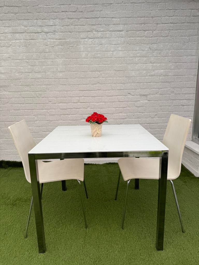 Glazen tafel 85x85cm met 2 stoelen, Huis en Inrichting, Tafels | Statafels, Ophalen, Zo goed als nieuw