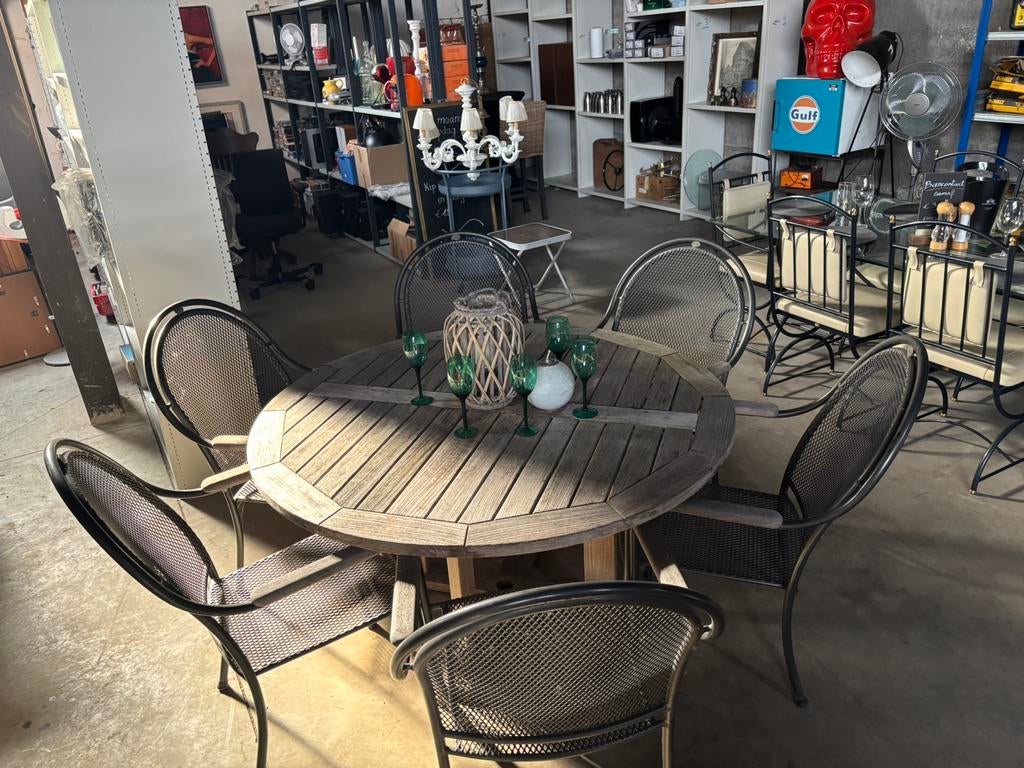 Teak ronde tafel met 6 Stoelen Goede staat!, Tuin en Terras, Ophalen, Zo goed als nieuw