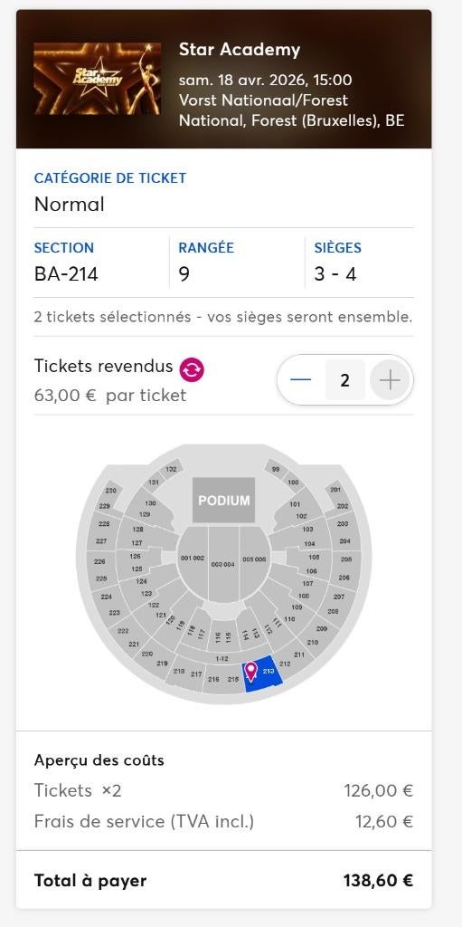 2 places concert Star Academy Samedi 18 Avril 15H, Deux personnes, Avril