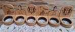 6 Houten eierdopjes TEXEL, meeuw, vuurtoren, wapen, Antiek en Kunst, Ophalen of Verzenden