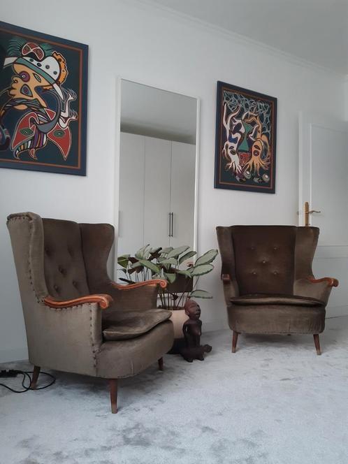 Vintage set van 2 oude bergères uit de jaren 1950, Huis en Inrichting, Fauteuils, Stof, Ophalen