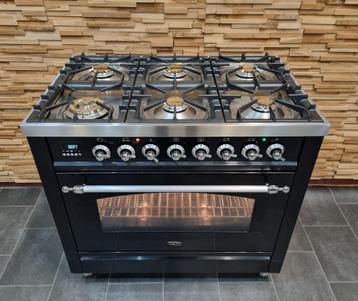🔥Luxe Fornuis Boretti 90 cm hoogglans zwart 6 pits 1 oven