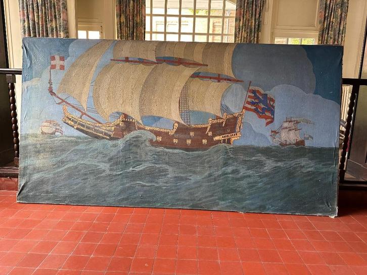 groot schilderij - olie op doek - zeilboten op zee, Antiek en Kunst, Kunst | Schilderijen | Klassiek, Ophalen
