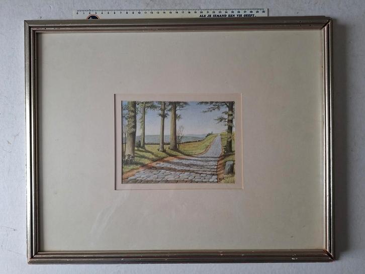 Gouache Bavo Mariman Landschap met hoge bomen en steenweg, Antiek en Kunst, Kunst | Schilderijen | Klassiek, Ophalen of Verzenden