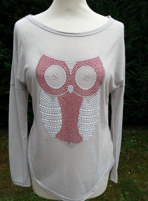 longsleeve beige uil in strass zilver - wit - rood Nieuw TU, Kleding | Dames, T-shirts, Nieuw, Maat 36 (S), Beige, Lange mouw