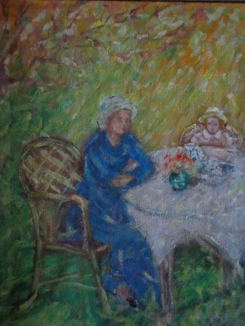 schilderij olie op doek Ern. Welvaert vrouw en kind aan een, Antiquités & Art, Art | Peinture | Moderne, Envoi
