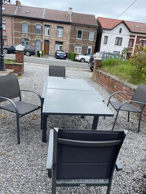 Table en verre extensible, 4 chaises et housse de protection, Tuin en Terras, Tuinsets en Loungesets, Zo goed als nieuw, Loungeset
