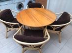 Ronde rotantafel met 4 stoelen, Huis en Inrichting, Stoelen, Ophalen, Gebruikt, Riet of Rotan, Vier