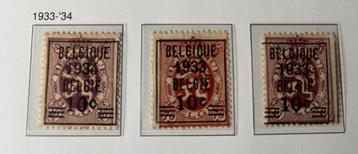 België 1933–1934 – 3 postzegels met opdruk “10c” (herdrukree beschikbaar voor biedingen