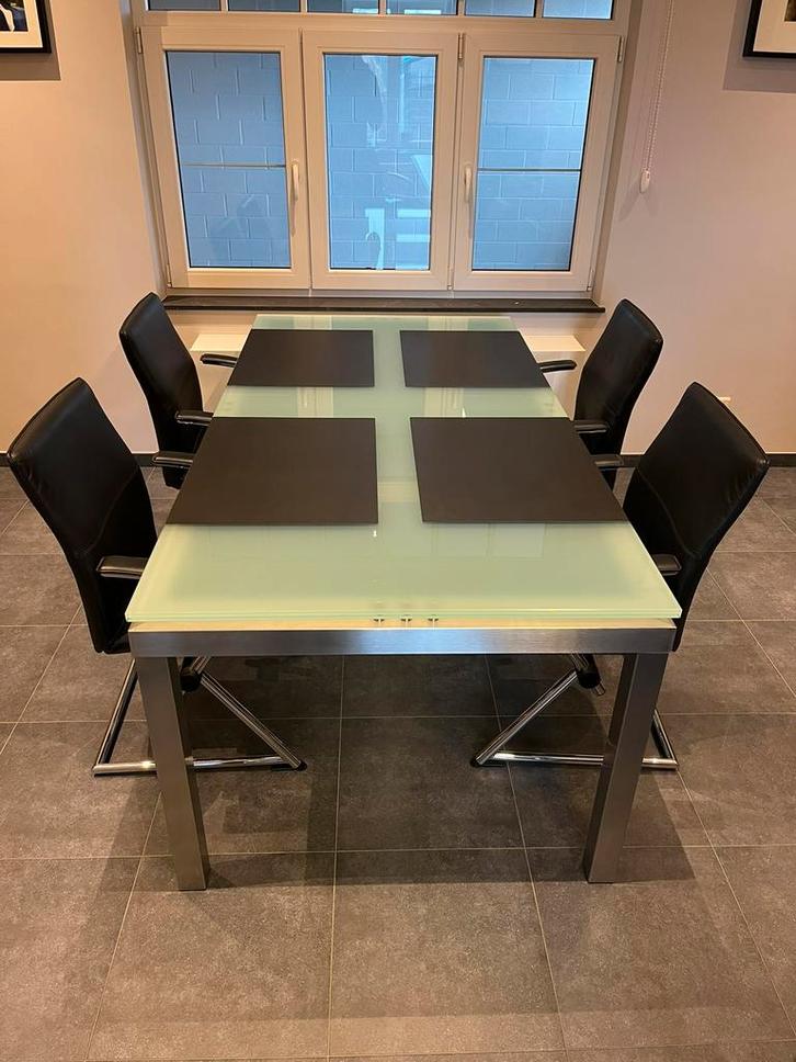 glazen tafel met inox onderstel, Huis en Inrichting, Tafels | Eettafels, Zo goed als nieuw, 50 tot 100 cm, 150 tot 200 cm, Vijf personen of meer