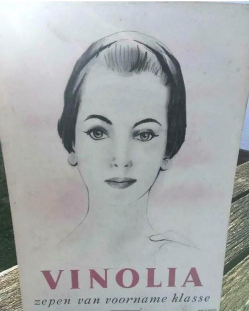 Enseigne publicitaire années 50 Savon Vinolia en carton avec, Collections, Marques & Objets publicitaires, Utilisé, Panneau publicitaire