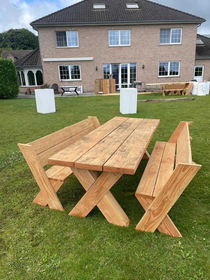 Grote tuintafels met banken douglashout, Tuin en Terras, Picknicktafels, Zo goed als nieuw, Hout, Ophalen