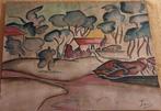 Aquarelle paysage maison et  arbres, Ophalen