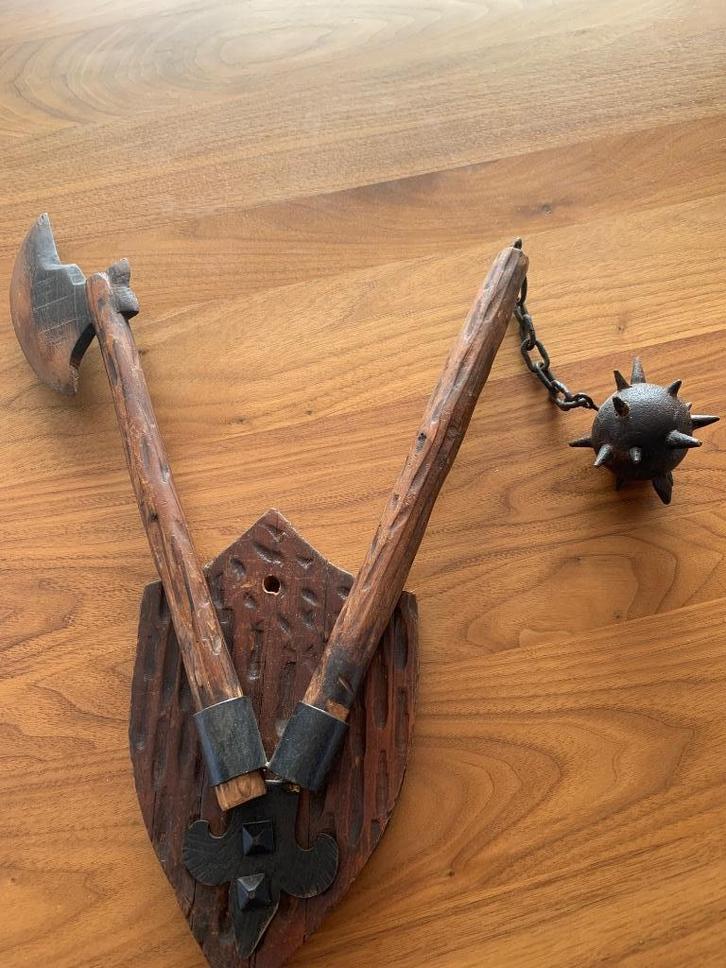 Vintage jaren 50 Houten goedendag en bijl , Antiek en Kunst, Antiek | Gereedschap en Instrumenten, Ophalen of Verzenden