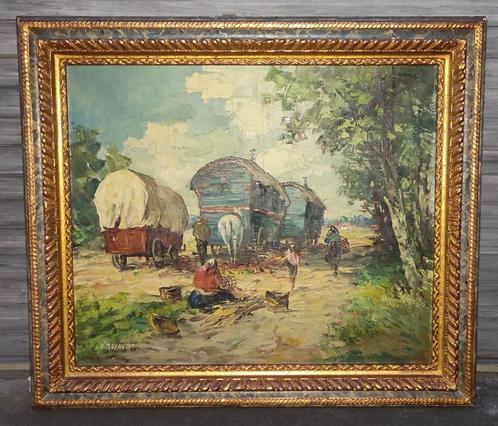 huile sur toile roulotte signe h moyhert, Antiek en Kunst, Kunst | Schilderijen | Klassiek, Ophalen of Verzenden