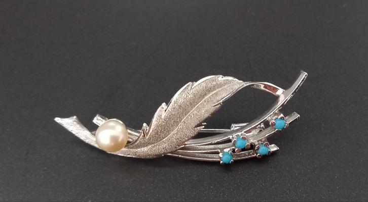 CADEAU-IDEE! Vintage gerhodineerde zilveren broche met parel, Handtassen en Accessoires, Broches, Zo goed als nieuw, Zilver, Zilver
