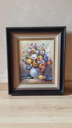 Kleurrijk bloemen schilderij met authentieke kader jaren '70, Antiek en Kunst, Ophalen of Verzenden