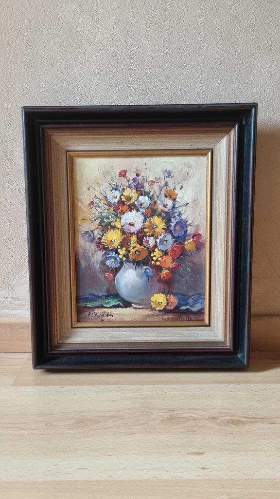 Kleurrijk bloemen schilderij met authentieke kader jaren '70, Antiek en Kunst, Kunst | Schilderijen | Klassiek, Ophalen of Verzenden