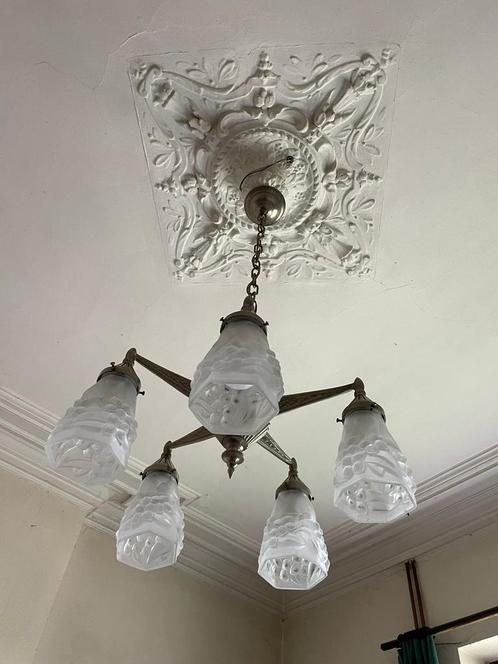 Lustre Art Déco 5 feux, Huis en Inrichting, Lampen | Kroonluchters, Zo goed als nieuw, Glas, Ophalen