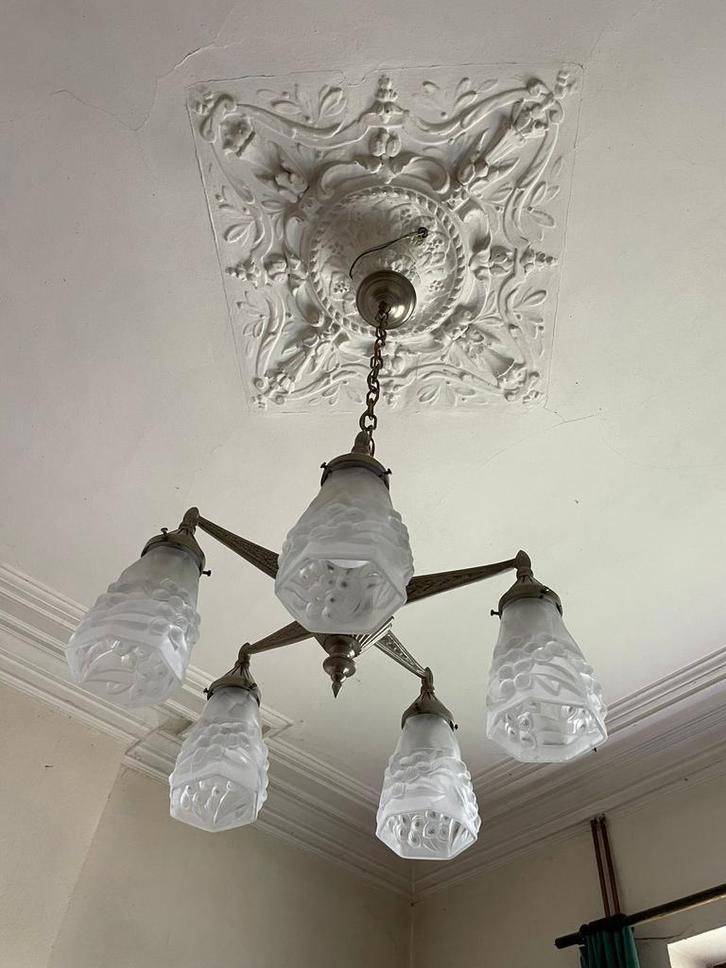 Lustre Art Déco 5 feux, Huis en Inrichting, Lampen | Kroonluchters, Zo goed als nieuw, Glas, Ophalen