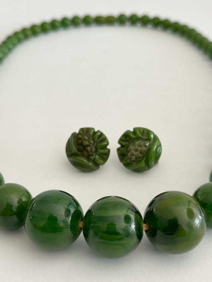 Groen Bakeliet - Catalin Ketting en Oorbellen, Handtassen en Accessoires, Kettingen, Groen, Verzenden