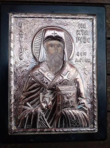 Icoon Sint Nectarius van Aegina zilver oud-Grieks-orthodox beschikbaar voor biedingen