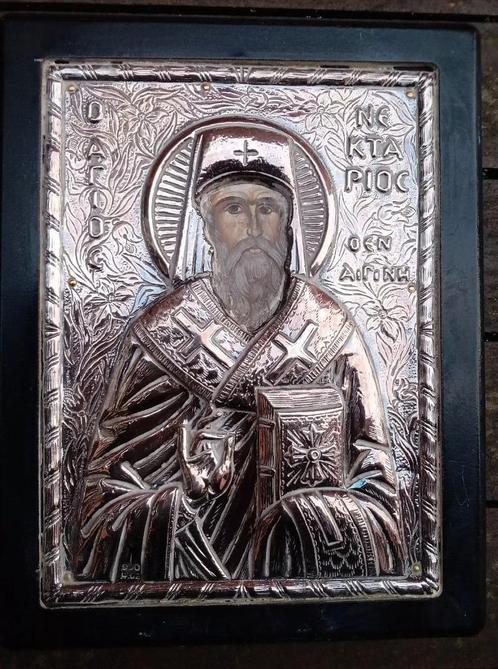 Icoon Sint Nectarius van Aegina zilver oud-Grieks-orthodox, Antiek en Kunst, Antiek | Religieuze voorwerpen, Ophalen of Verzenden