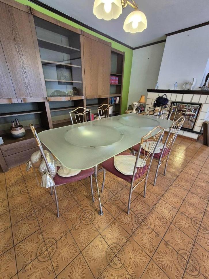 Table en verre dépoli + 6 chaises métal doré/argenté, Maison & Meubles, Tables | Tables de salon, Verre, Métal, Enlèvement