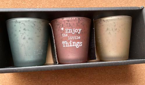Ongebruikte theelichthouders ‘Enjoy the little things’, Huis en Inrichting, Woonaccessoires | Kandelaars en Kaarsen, Nieuw, Kaars