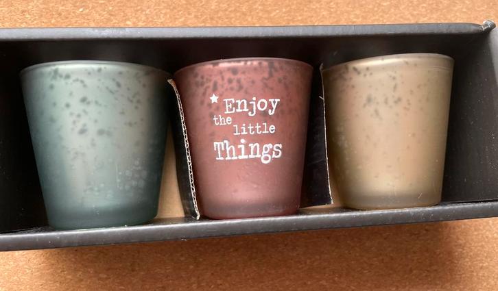 Ongebruikte theelichthouders ‘Enjoy the little things’, Huis en Inrichting, Woonaccessoires | Kandelaars en Kaarsen, Nieuw, Kaars