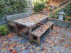 Kloostertafel en bank, Tuin en Terras, Ophalen, Gebruikt, 3 zitplaatsen, Hout