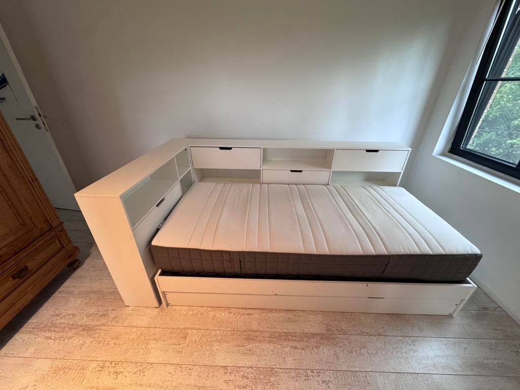 Lit, 90x200, tiroirs, sommier à lattes, matelas, Maison & Meubles, Chambre à coucher | Lits, Comme neuf, Une personne, 90 cm, 200 cm