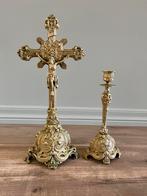 Antieke Altaarkruis & Kandelaar - Depose DL N125, Enlèvement ou Envoi, Cuivre ou Bronze