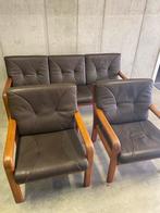 Vintage mid century Leren Bankstel:2 Fauteuils & 3-zits Bank, Ophalen, Gebruikt, 150 tot 200 cm, Driepersoons