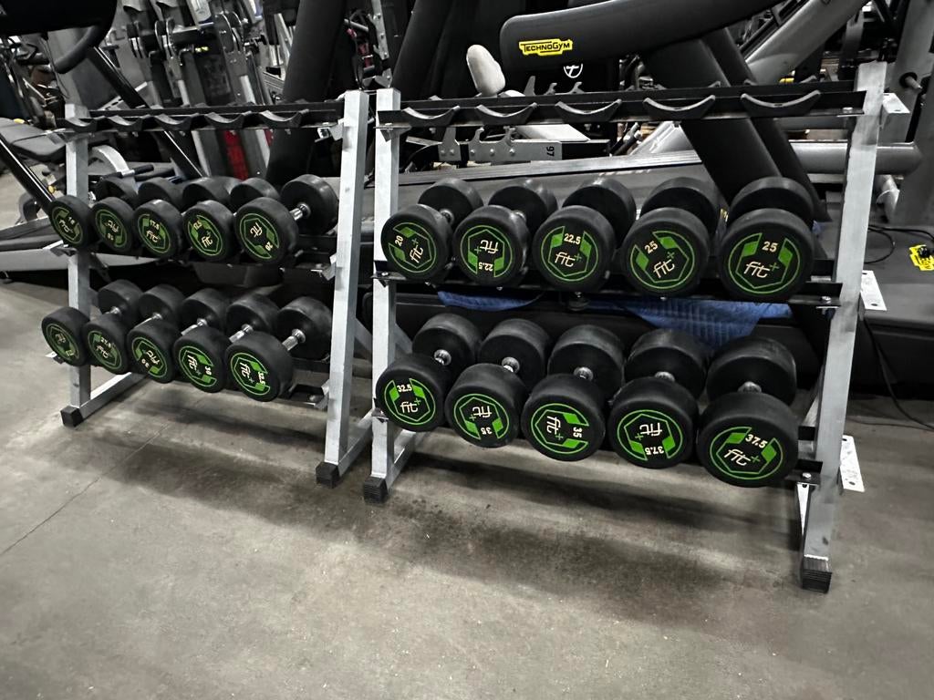 Vaste Rubberen Dumbells 15kg t/m 37,5kg + 2 Dumbells Rekken, Sports & Fitness, Équipement de fitness, Enlèvement, Utilisé, Haltère