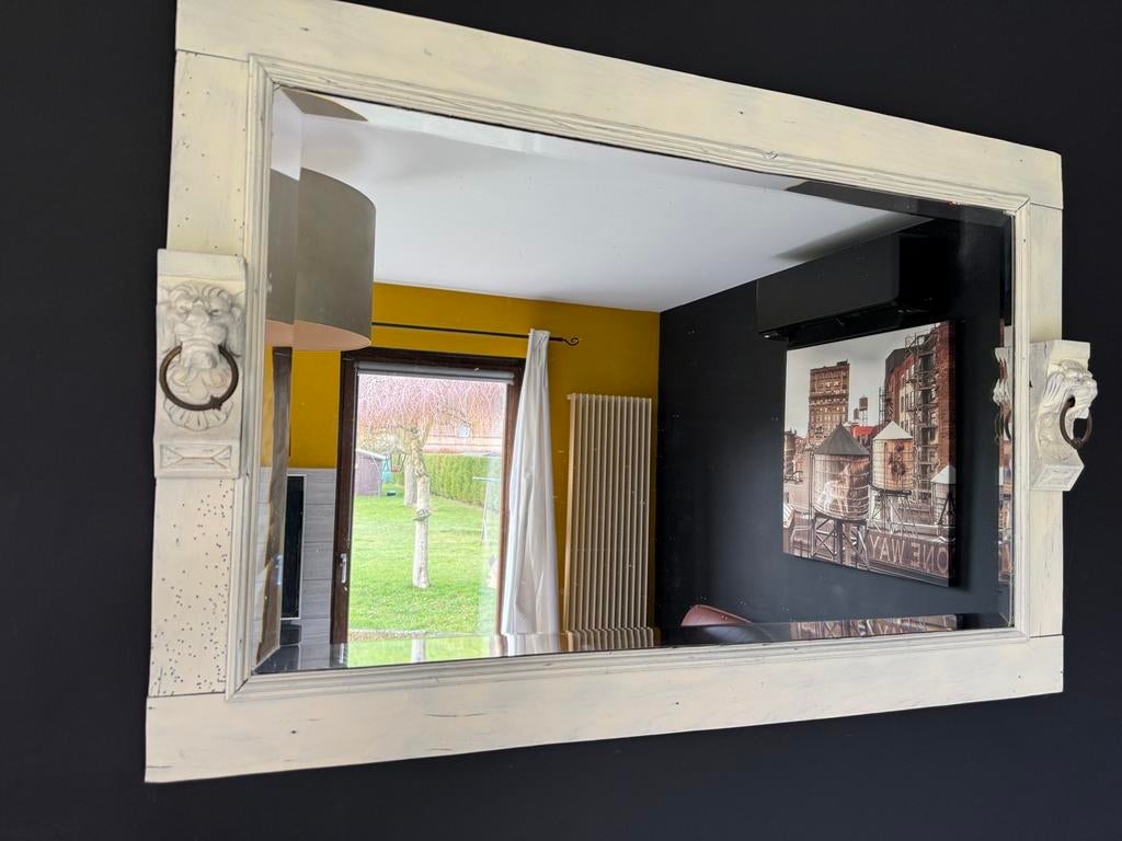 miroir mural décoratifcadre blanc en bois recyclé 75/110 cm, Maison & Meubles, Enlèvement, Utilisé