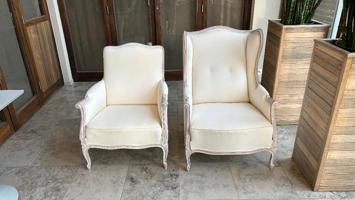 Set van 2 elegante fauteuils, Huis en Inrichting, Fauteuils, Gebruikt, Hout, Stof, Ophalen