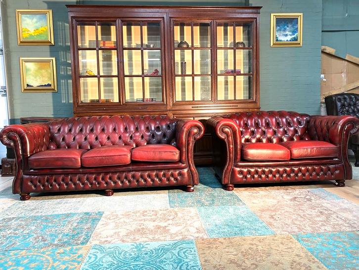 Engelse Springvale 3+2 zit zetels Oxblood rood, Maison & Meubles, Canapés | Salons, Comme neuf, Cuir, Enlèvement ou Envoi