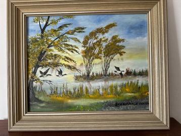 Schilderij herfst, vijver met wegvliegende eenden beschikbaar voor biedingen