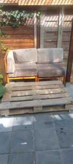 Tuinbank met kussens en pallet op wieltjes, Ophalen, Gebruikt, Bank
