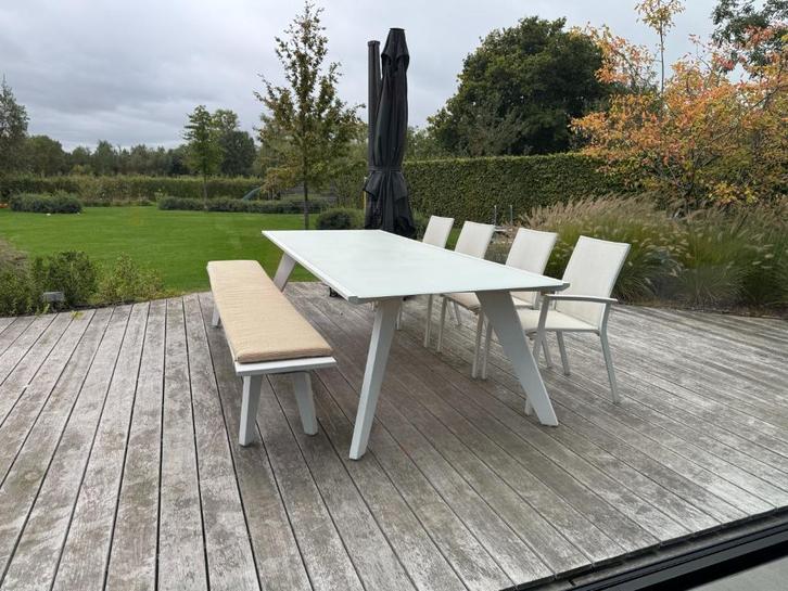 Witte tuintafel met melkglas blad (Meubili), Tuin en Terras, Tuintafels, Gebruikt, Rechthoekig, Aluminium, Ophalen