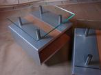 2 design bijzettafeltjes op wieltjes, Huis en Inrichting, Tafels | Bijzettafels, Ophalen, Vierkant, Design glas chroom hout, Glas