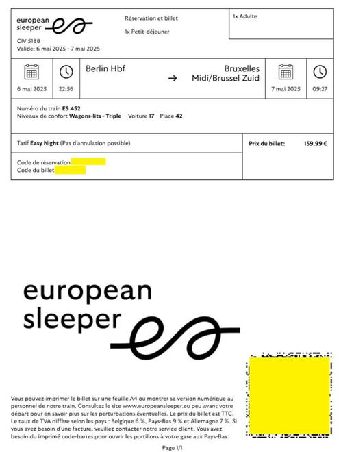 Train de nuit - Berlin -> Bruxelles 06/05/2025, Tickets en Kaartjes, Trein, Bus en Vliegtuig, Drie personen of meer, Algemeen kaartje