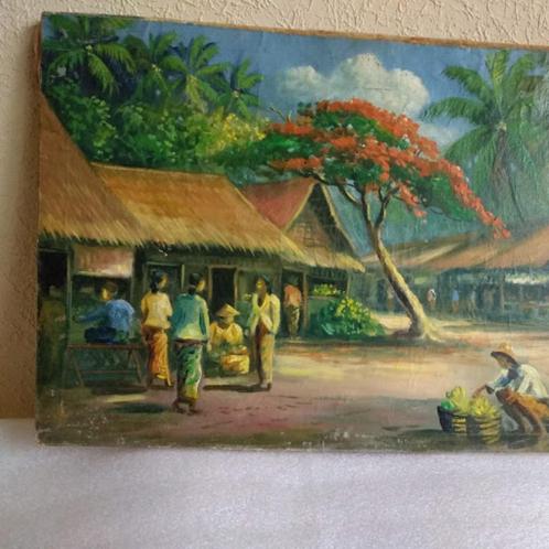 Indonesië Dessa aanzicht Mooie oud werk met mensen voor hun, Antiek en Kunst, Kunst | Schilderijen | Klassiek, Ophalen of Verzenden