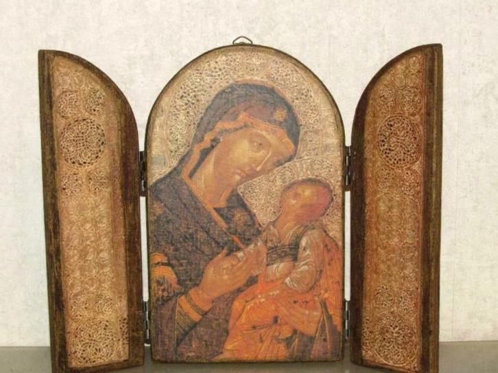 Russische drieluike icoon (Madonna met Vladimir) Antieke, Antiek en Kunst, Antiek | Religieuze voorwerpen, Ophalen of Verzenden