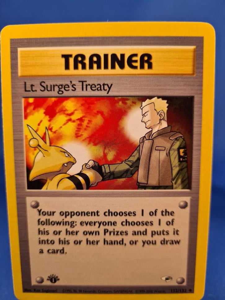 Lt. Surge's Treaty 112/132 - Gym Heroes (1st edition), Hobby en Vrije tijd, Verzamelkaartspellen | Pokémon, Gebruikt, Verzenden