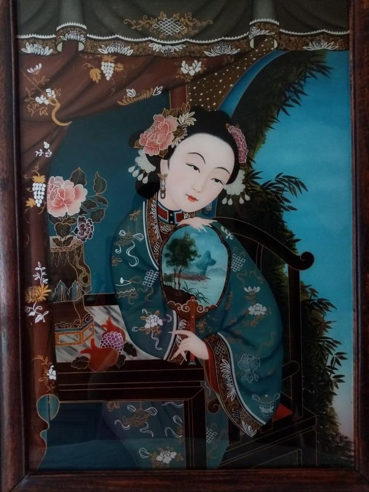 Chinees schilderij geëglomiseerd op glas eind 19ct 55/40cm, Antiek en Kunst, Kunst | Schilderijen | Klassiek, Ophalen