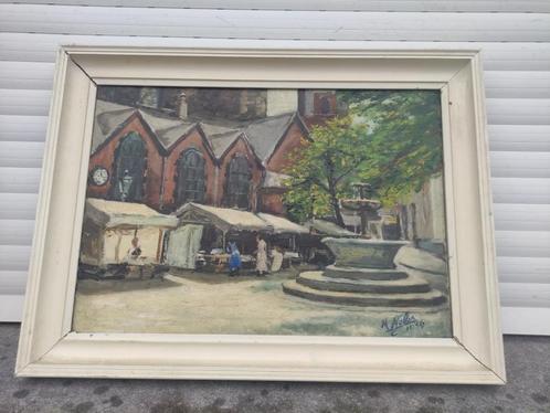 huile sur toile place saint denis a liege signe m nelis, Antiek en Kunst, Kunst | Schilderijen | Klassiek, Ophalen of Verzenden