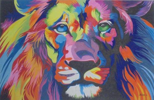 groot olieschilderij popart leeuw (75x115cm), Antiek en Kunst, Kunst | Schilderijen | Modern, Ophalen of Verzenden